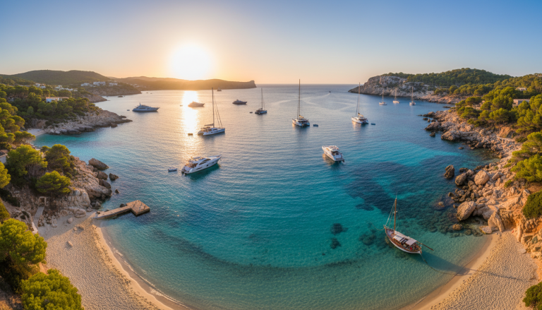 Barco fondeado en una cala de aguas turquesas en Ibiza con luz dorada del atardecer mediterraneo