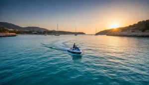Moto de agua navegando en aguas turquesas de Ibiza