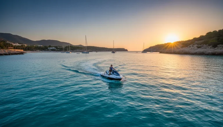 Moto de agua navegando en aguas turquesas de Ibiza