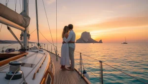 Pareja en barco viendo el atardecer en Ibiza con Es Vedra al fondo - atardecer barco ibiza