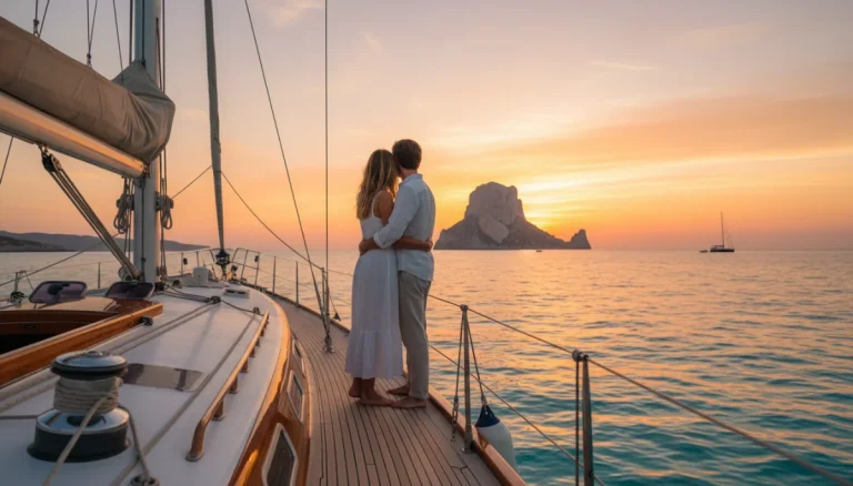 Pareja en barco viendo el atardecer en Ibiza con Es Vedra al fondo - atardecer barco ibiza