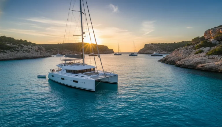 Catamarán de alquiler navegando frente a la costa de Ibiza