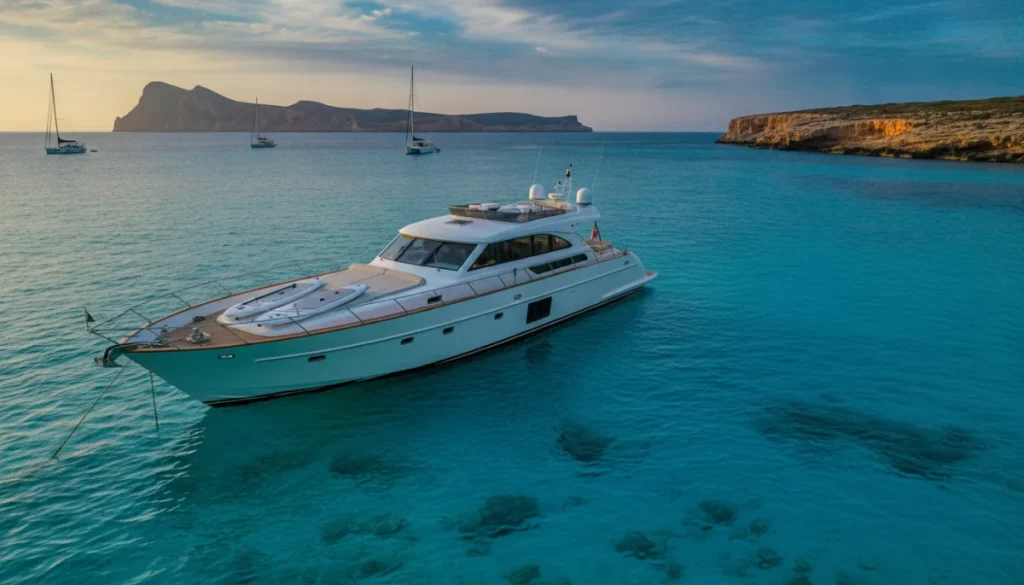 Cala serena de aguas turquesas en Ibiza con barcos fondeados y un atardecer dorado reflejándose en el mar