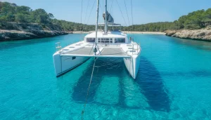 Catamaran de vela fondeado en una cala de aguas turquesas de Ibiza