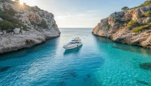 Barco fondeado en una cala de aguas cristalinas en Ibiza
