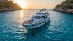 Barco de alquiler navegando por la costa de Ibiza